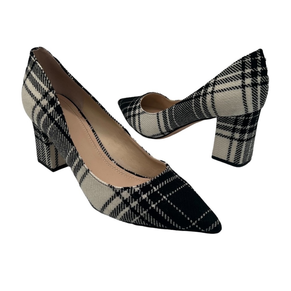 Marc Fisher Black White Plaid Mizalas Pointed Toe Block Heels Size 9 Women's